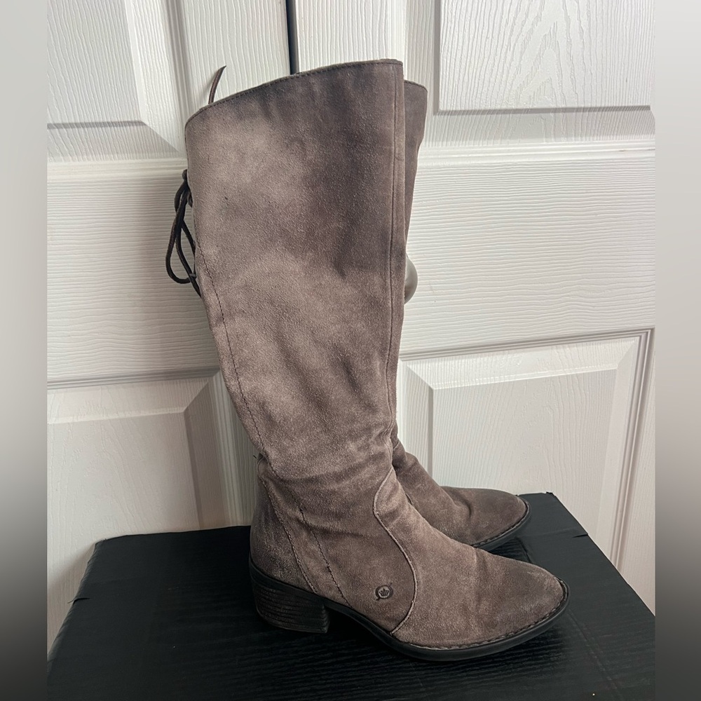 BORN Felicia Brown Suede Lace Western Heeled Tall Knee High Boot Size 7.5M